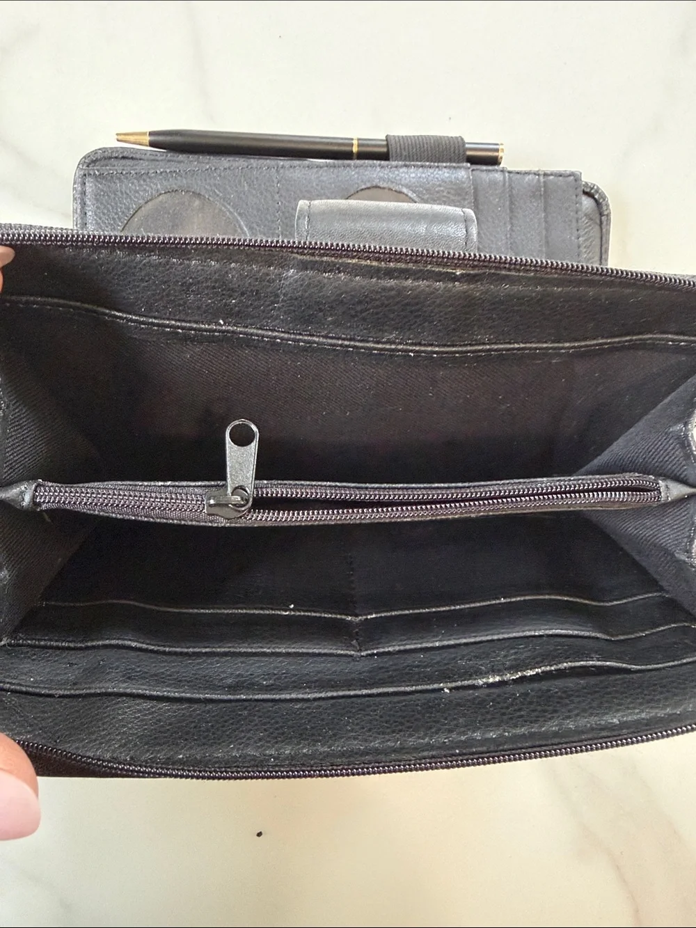 Fossil Black Leather Zip-Around Wallet with Gold Accent
